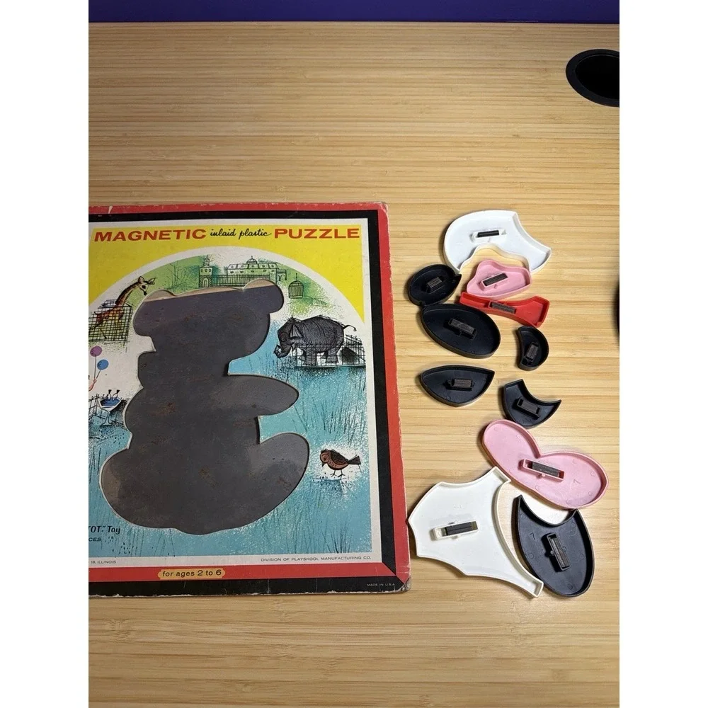 Vintage Teach-A-Tot Panda Magnetic Puzzle Playskool 11 Pc‎ Inlaid Plastic Toy